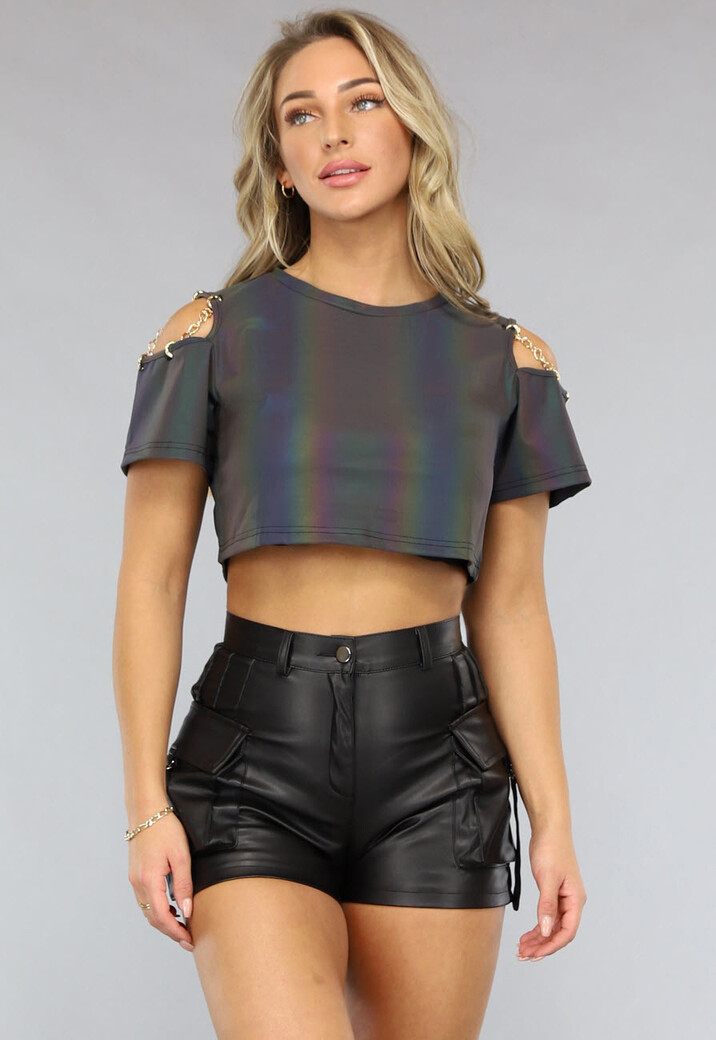 Reflecterende Crop Top met Korte Mouwen en Kettingdetail