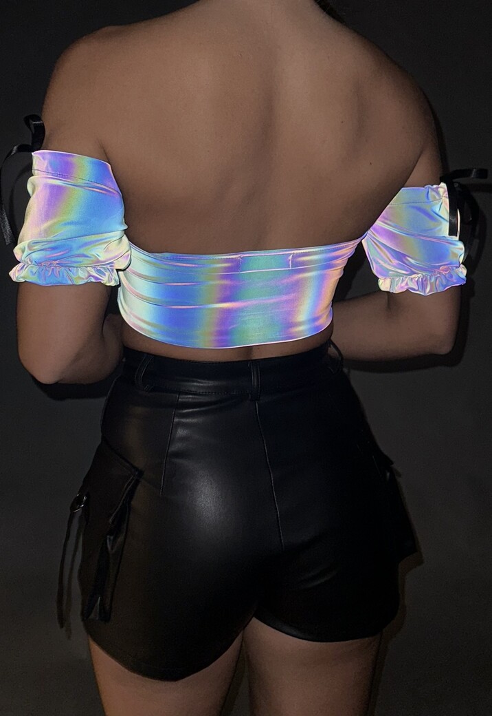 Reflecterende Off Shoulder Top met Strikdetail
