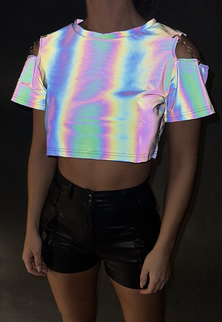 Reflecterende Crop Top met Korte Mouwen en Kettingdetail