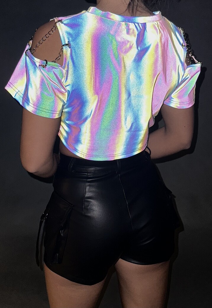 Reflecterende Crop Top met Korte Mouwen en Kettingdetail
