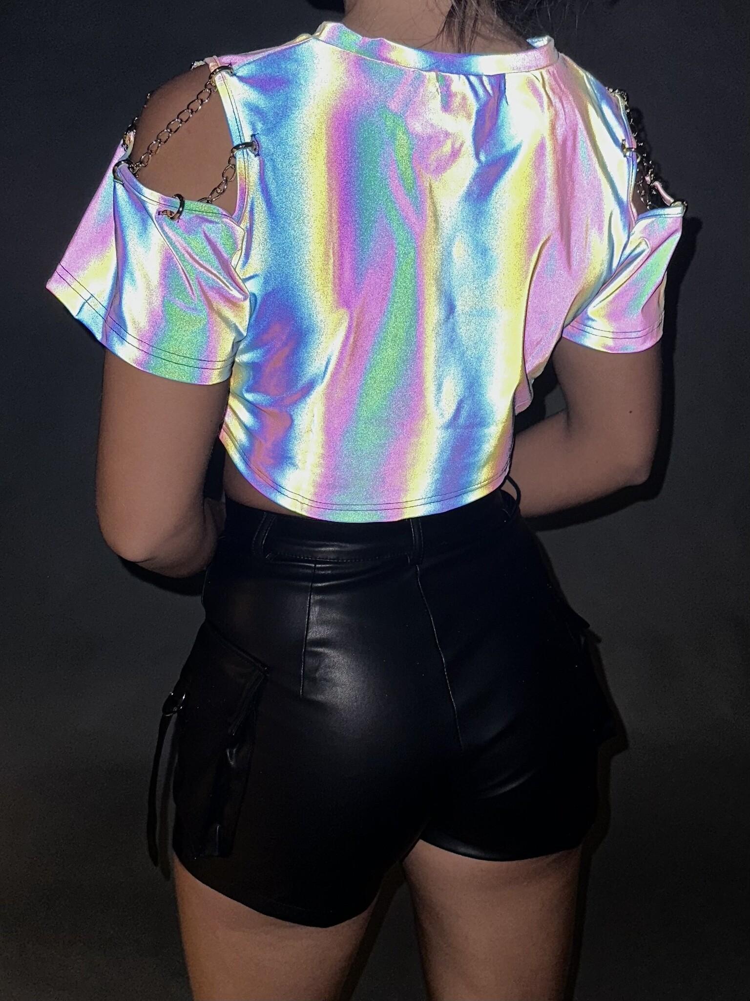 HYQPAI Heren Crop Top korte mouwen mesh T-shirt transparant kunstleer ronde hals top, Zwart, L