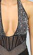 Zwarte Doorschijnende Mesh Playsuit met Strass Steentjes