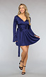 Donkerblauwe Satin Look Skater Jurk met Strikdetail