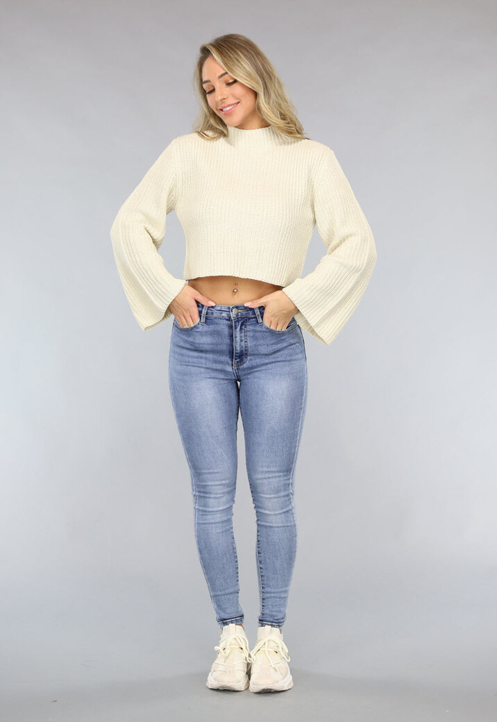 Beige Korte Gebreide Trui met Wijduitlopende Mouwen