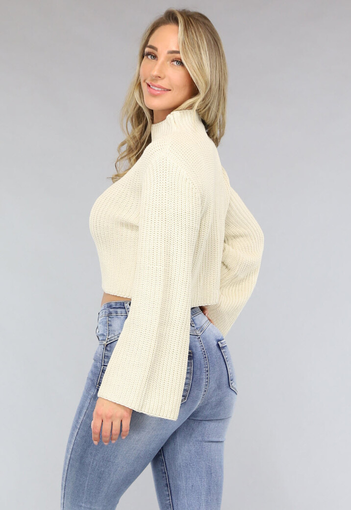 Beige Korte Gebreide Trui met Wijduitlopende Mouwen