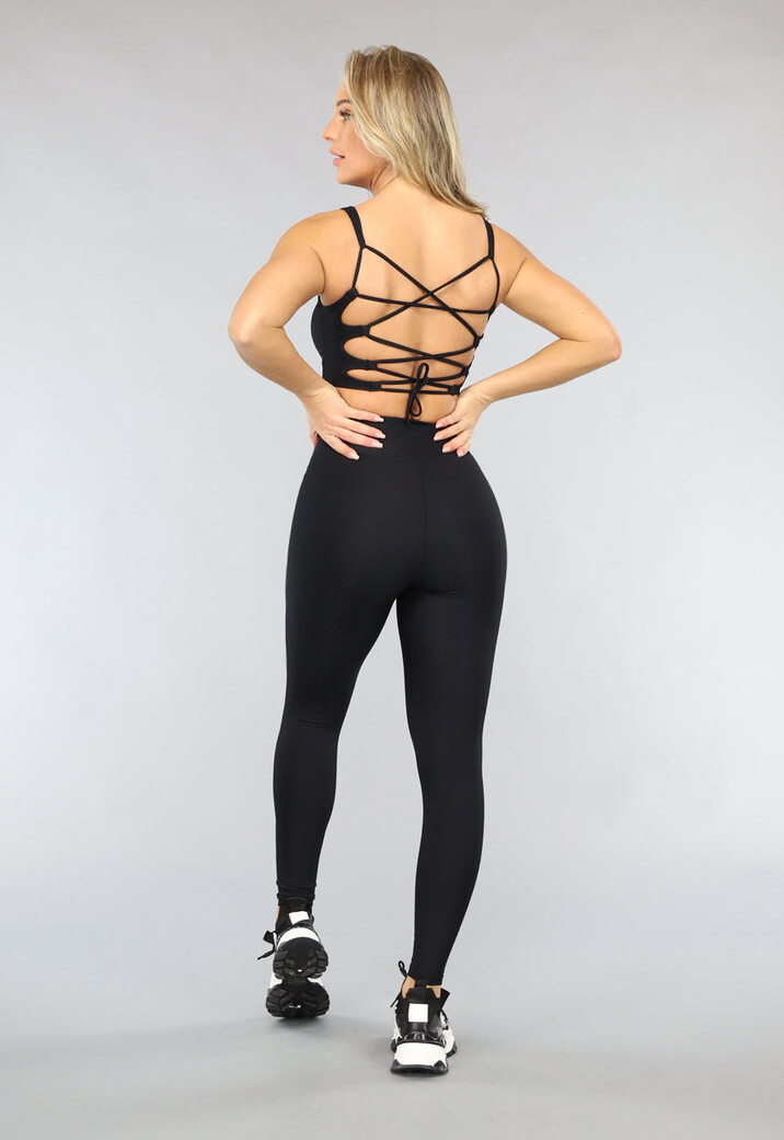 Zwarte Rib Sportlegging met Overslag Taille