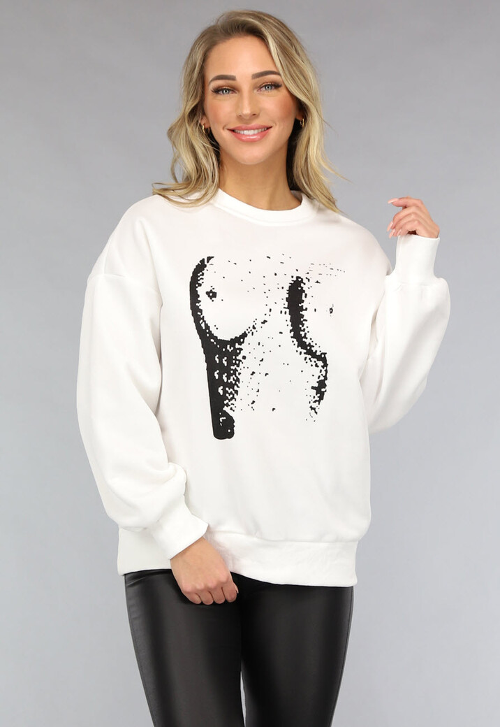 Witte Oversized Sweater met Boob Print