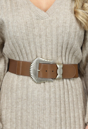 SALE50 Elastische Riem met Grote Schelpen Gesp in Camel