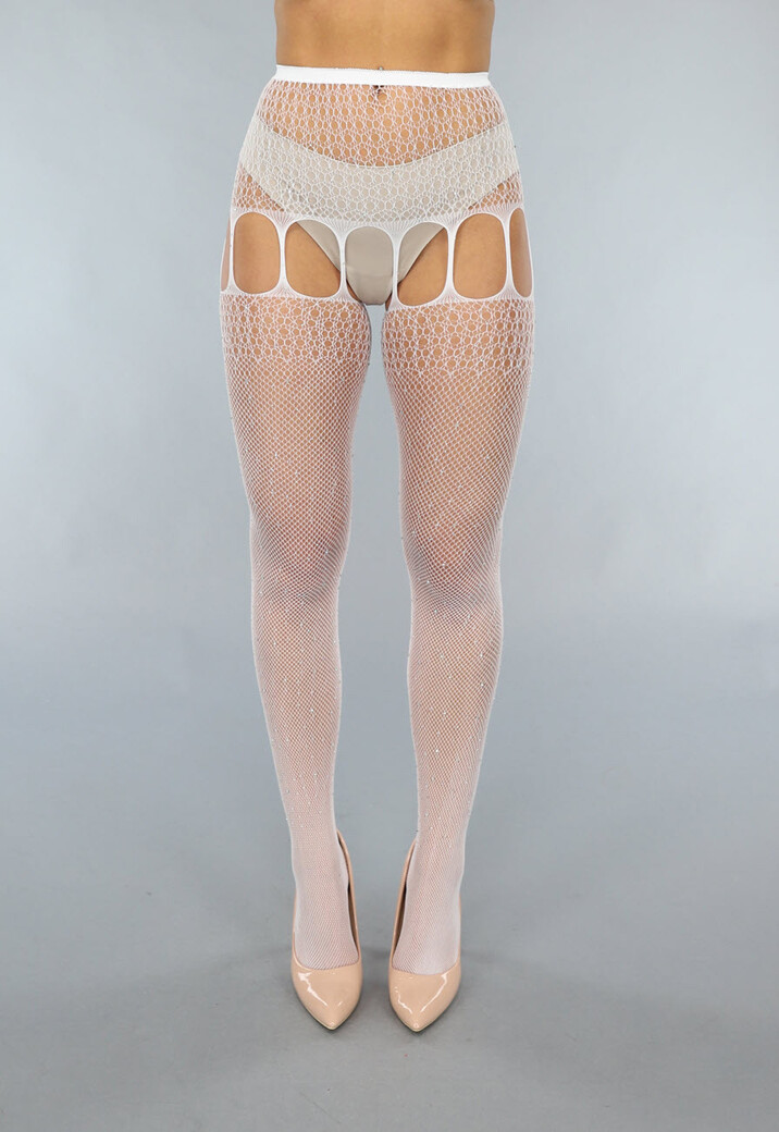Witte Jarretel Look Fishnet Panty met Strass
