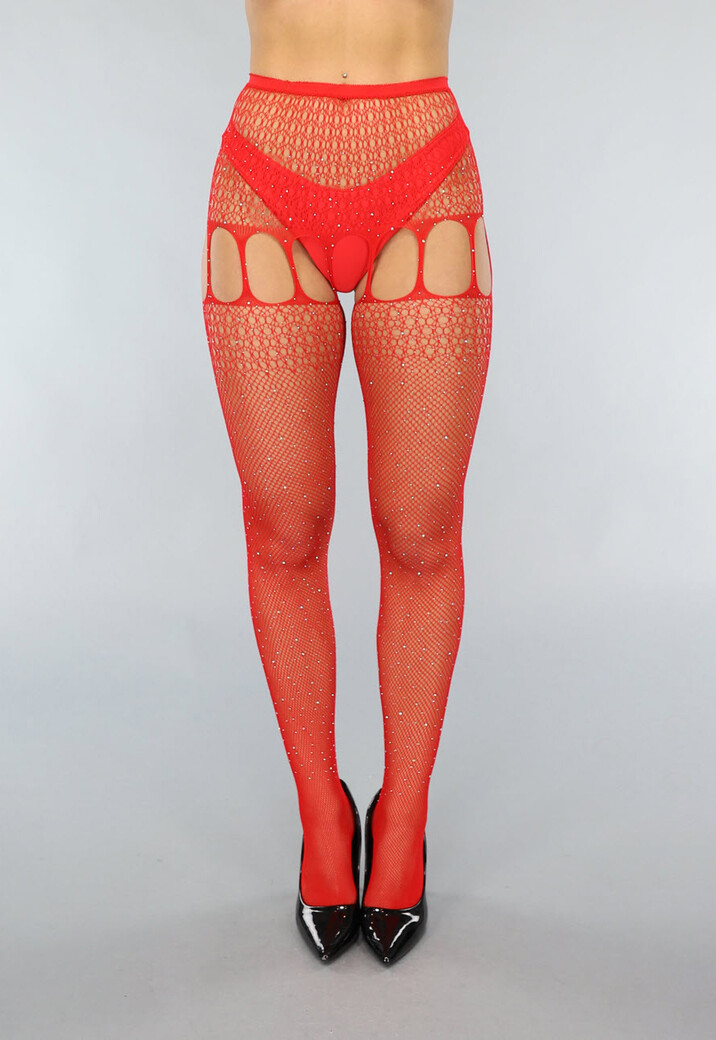 Rode Jarretel Look Fishnet Panty met Strass