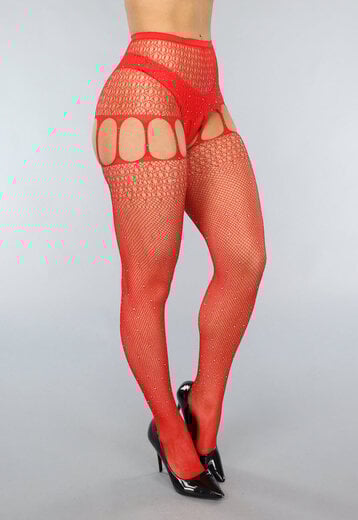 Rode Jarretel Look Fishnet Panty met Strass