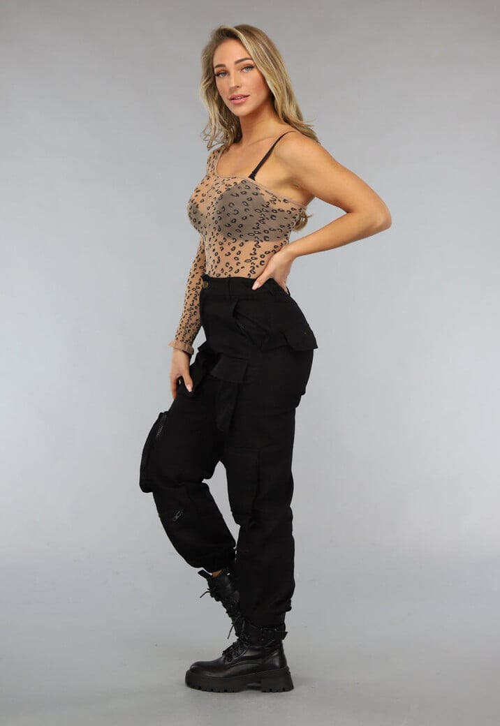 Nude One Shoulder Catsuit met Panterprint en Open Been