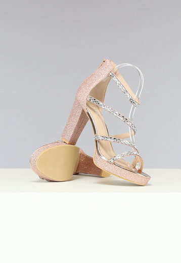 Champagne Glitter Sandalen met Strass Bandjes
