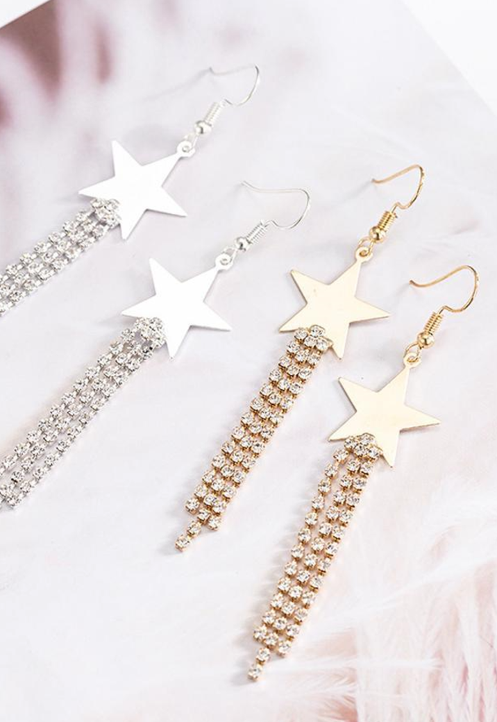 Gouden Sterren Oorbellen met Strass Fringe