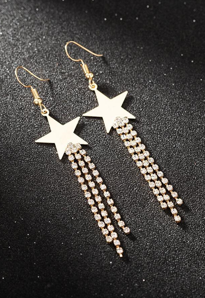 Gouden Sterren Oorbellen met Strass Fringe