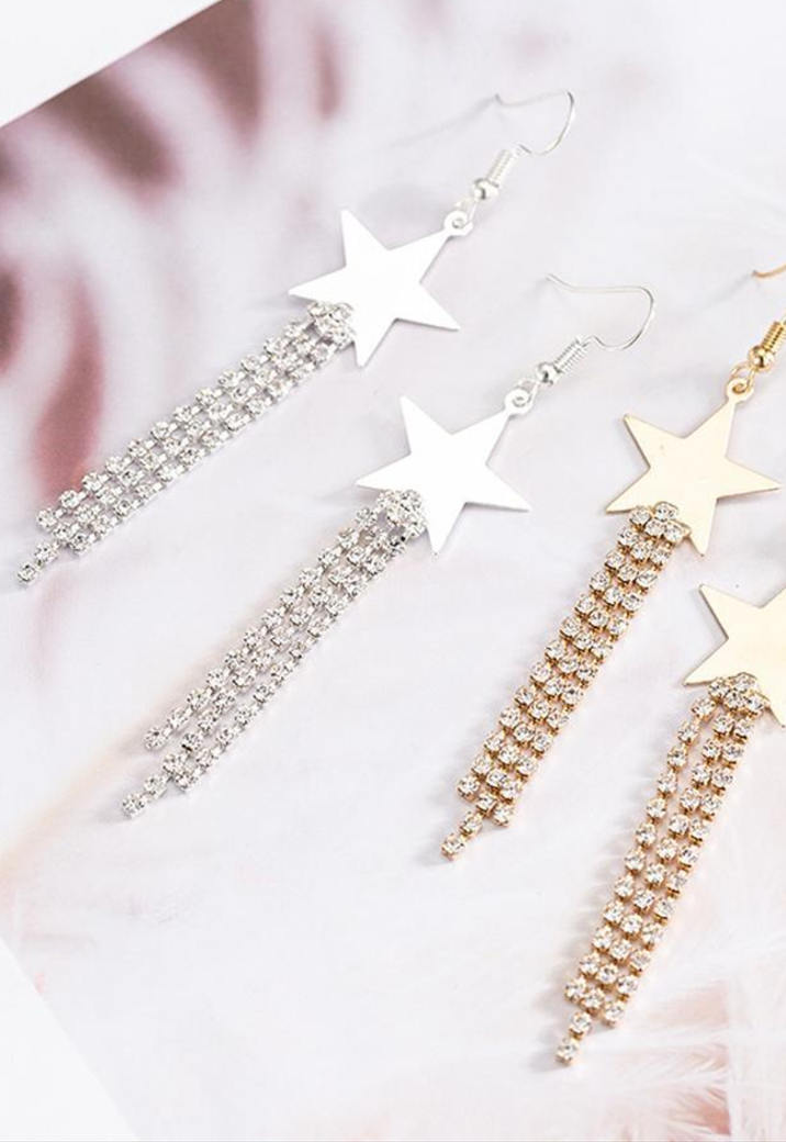 Zilveren Sterren Oorbellen met Strass Fringe