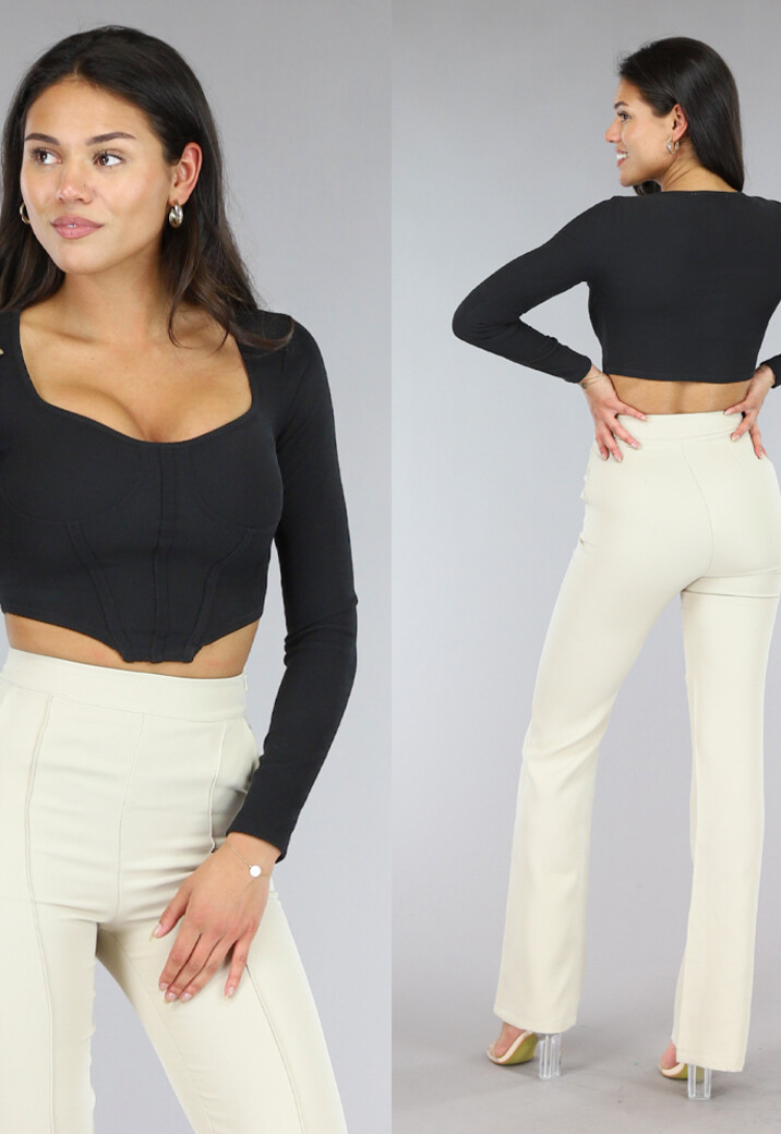Zwarte Lange Mouwen Rib Crop Top