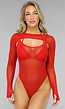 Longsleeve Mesh Bodysuit Set in Rood