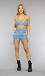 Blauwe Gerafelde Denim Two Piece met Halter Top