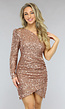 Asymmetrische Glitter Jurk in Champagne Kleur