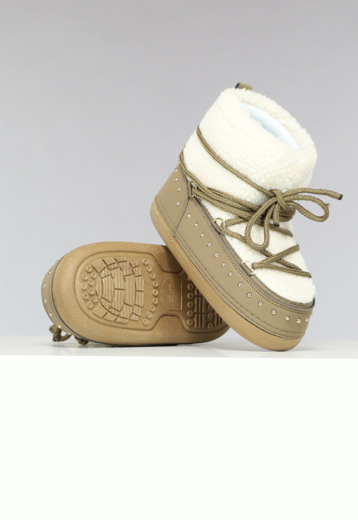 OP=OP.14.AV Khaki Sneeuw Laarzen met Studs en Teddy Stof