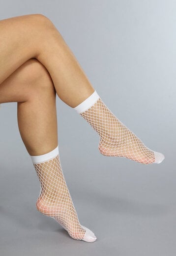Witte Korte Pantykousen met Klein Fishnet Patroon