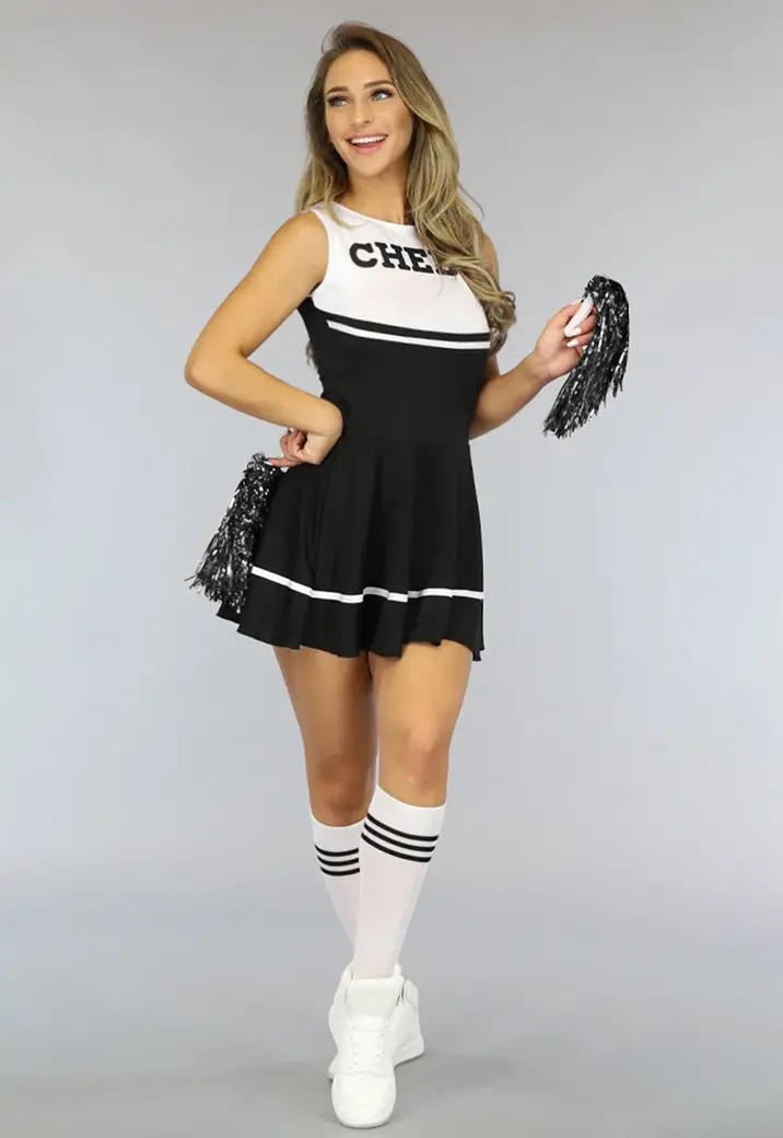 Zwart Cheerleader Kostuum met Bijpassende Pompoms