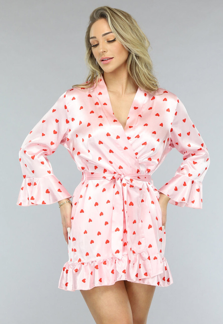 Lichtroze Valentine Satin Pyjama Set met Hartjes Kimono