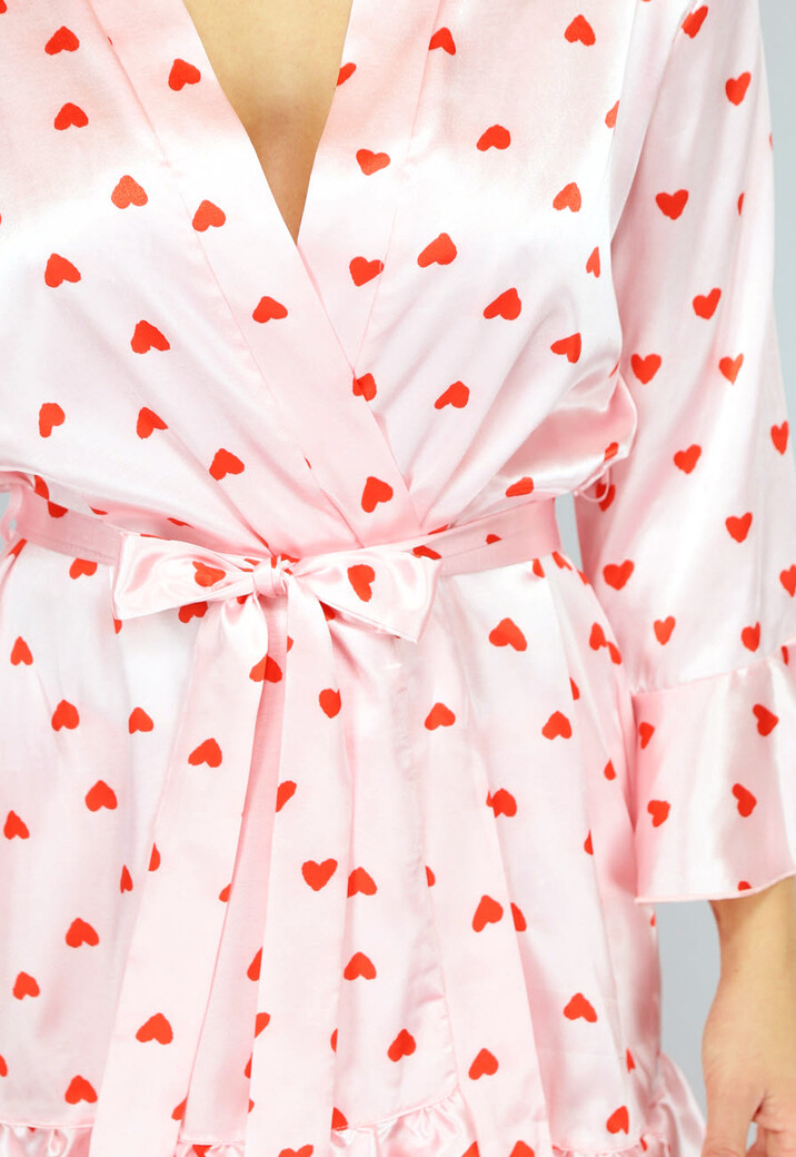 Lichtroze Valentine Satin Pyjama Set met Hartjes Kimono