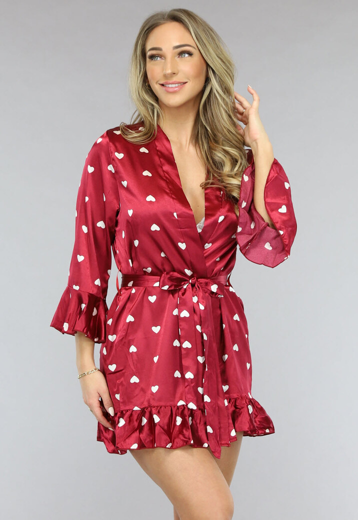 Satijnen Valentijn Pyjama Set in Wijnrood met Hartjes Kimono