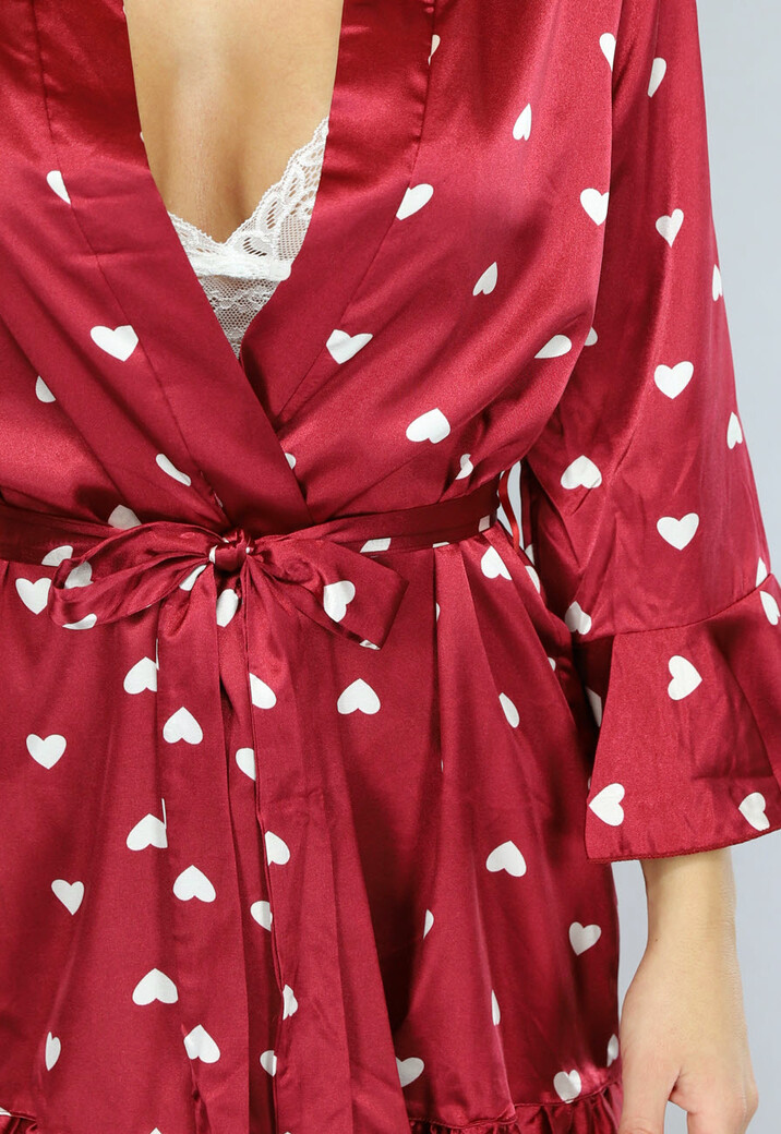 Satijnen Valentijn Pyjama Set in Wijnrood met Hartjes Kimono
