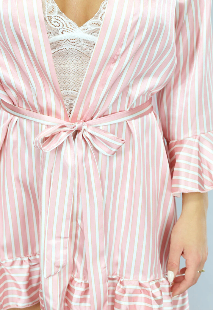 Roze Gestreepte Satijnen Pyjama Short Set met Kimono