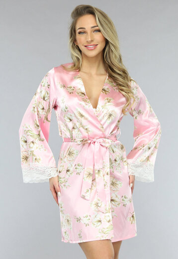NEW1701 Satijnen Bloemen Kimono in Roze