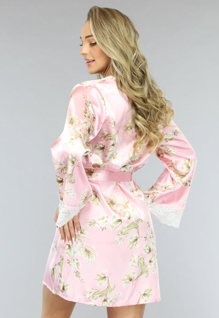 Satijnen Bloemen Kimono in Roze