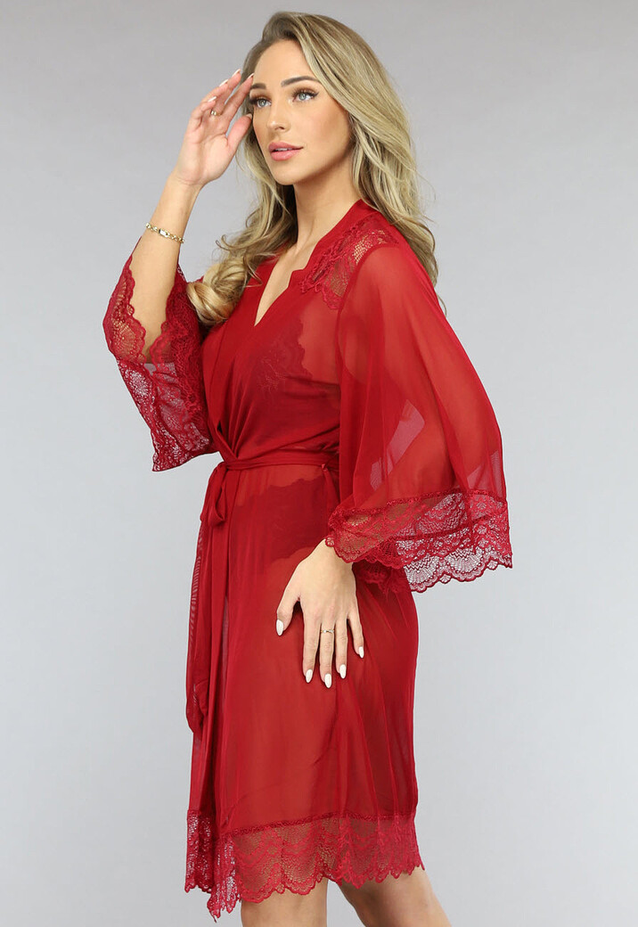 Rode Mesh Kamerjas met Kanten Mouwen