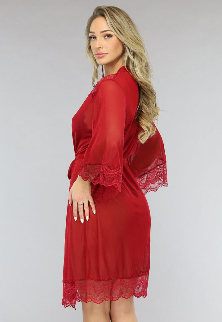 Rode Mesh Kamerjas met Kanten Mouwen