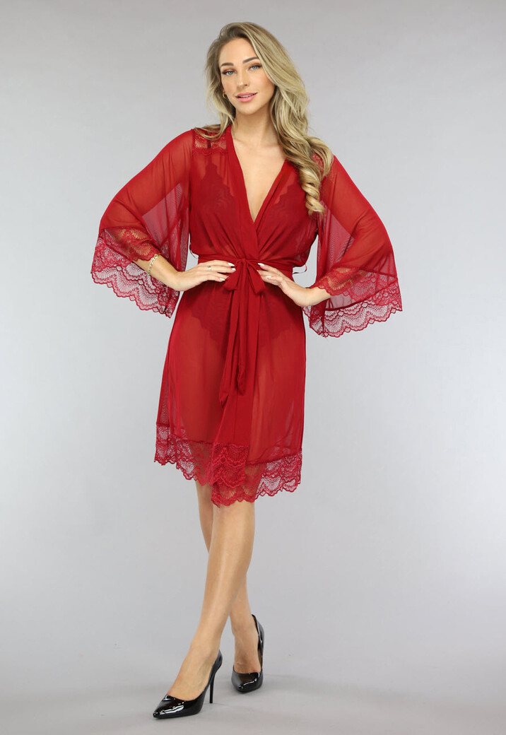 Rode Mesh Kamerjas met Kanten Mouwen