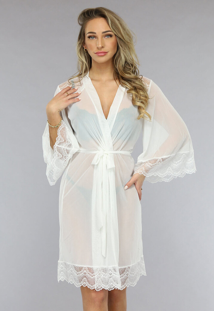 Witte Mesh Kimono met Kanten Details