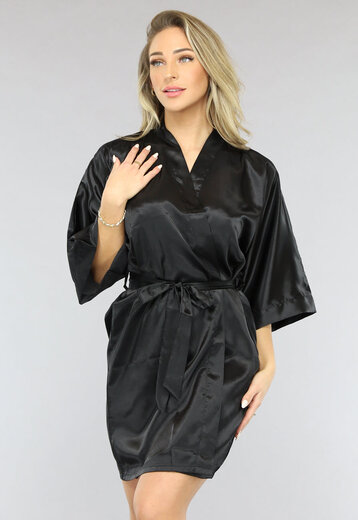 NEW1701 Glimmende Zwarte Satijnen Kimono Kort