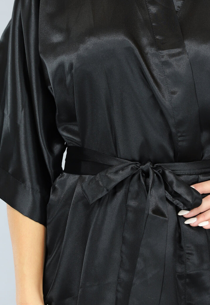 Glimmende Zwarte Satijnen Kimono Kort