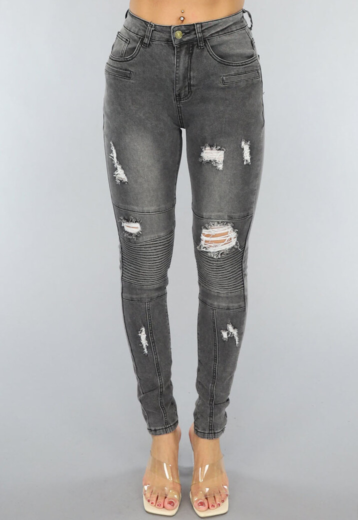 Grijze Ripped Skinny Jeans met Rib Detail
