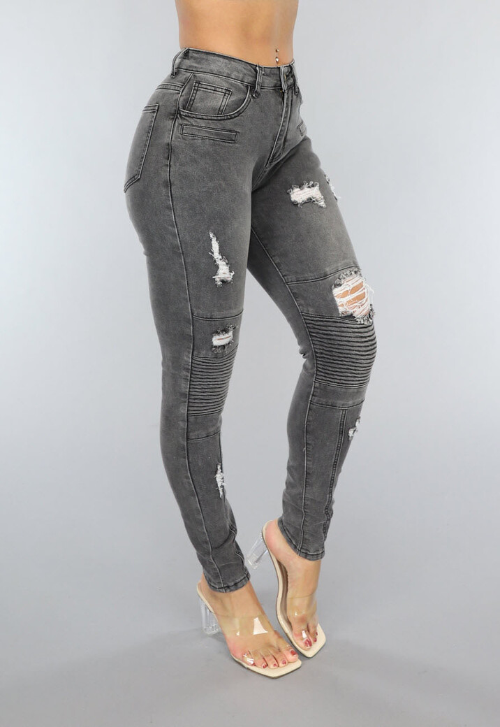 Grijze Ripped Skinny Jeans met Rib Detail