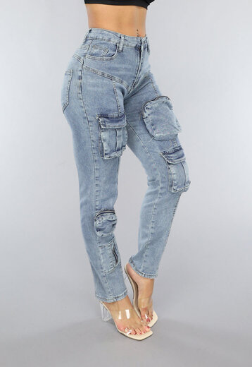 NEW3101 Blauwe High Mid Mom Jeans met Zakken