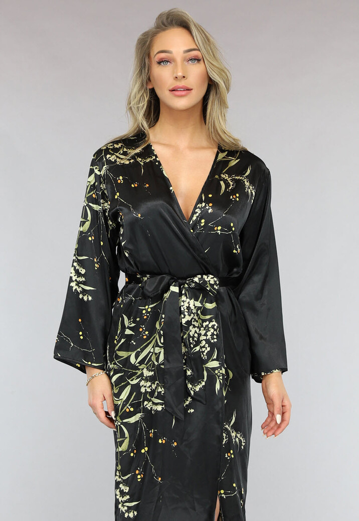 Satijnen Halflange Kimono met Bloemen Print