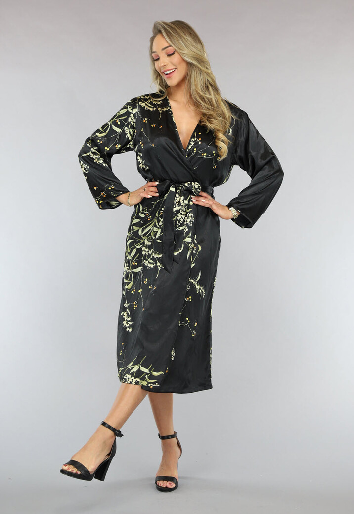 Satijnen Halflange Kimono met Bloemen Print