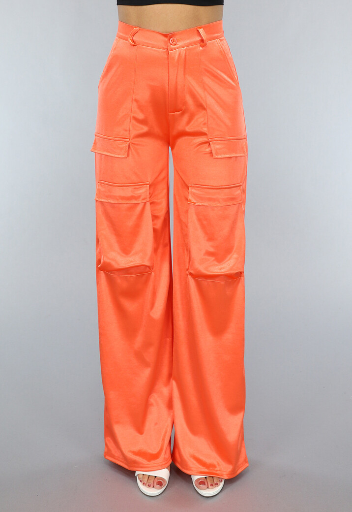 Satijnen Oranje Wide Leg Cargo Broek