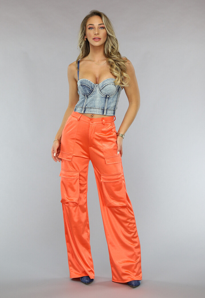 Satijnen Oranje Wide Leg Cargo Broek