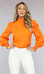 Oranje Blouse met Pofmouwen en Strikdetail