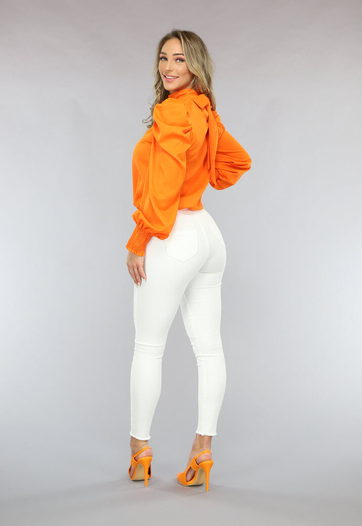 Oranje Blouse met Pofmouwen en Strikdetail