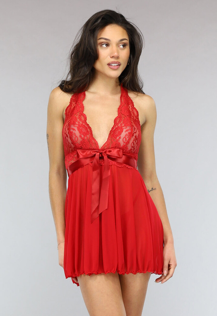 Rode Mesh Halter Slipdress met Kant